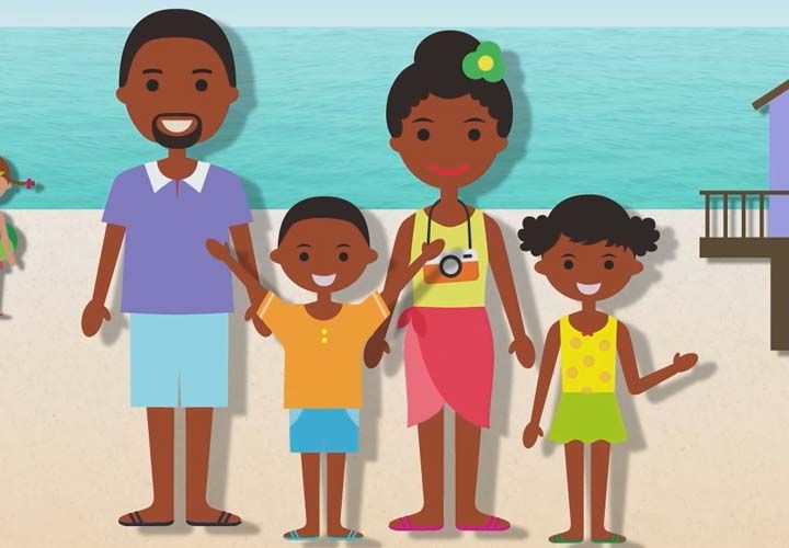 a cartoon family at the beach smiing and waving