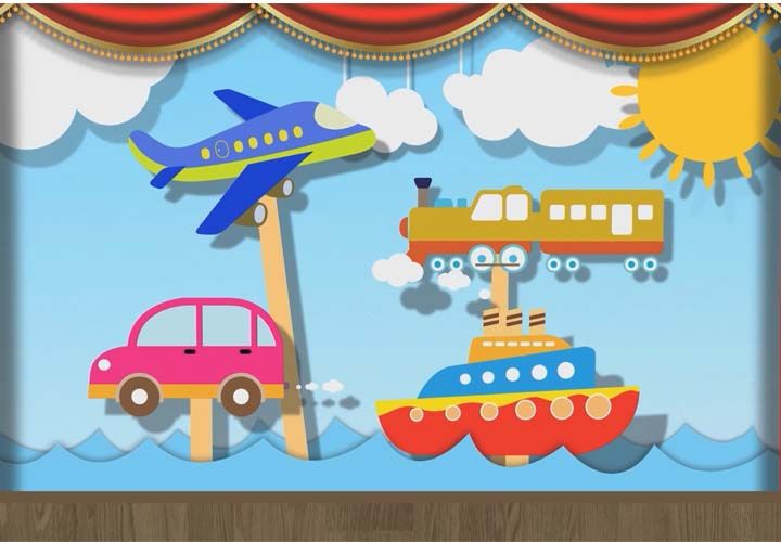 cartoon images of a plane, a train, a car, on a boat on sticks as puppets