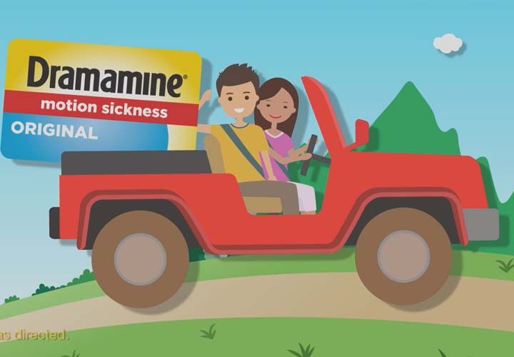 a cartoon family in a red jeep holding an oversize package of Dramamine Motion Sickness medicine