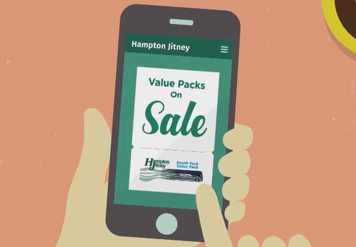 an animated cell phone with a graphic saying Hampton Jitney Value Packs on Sale