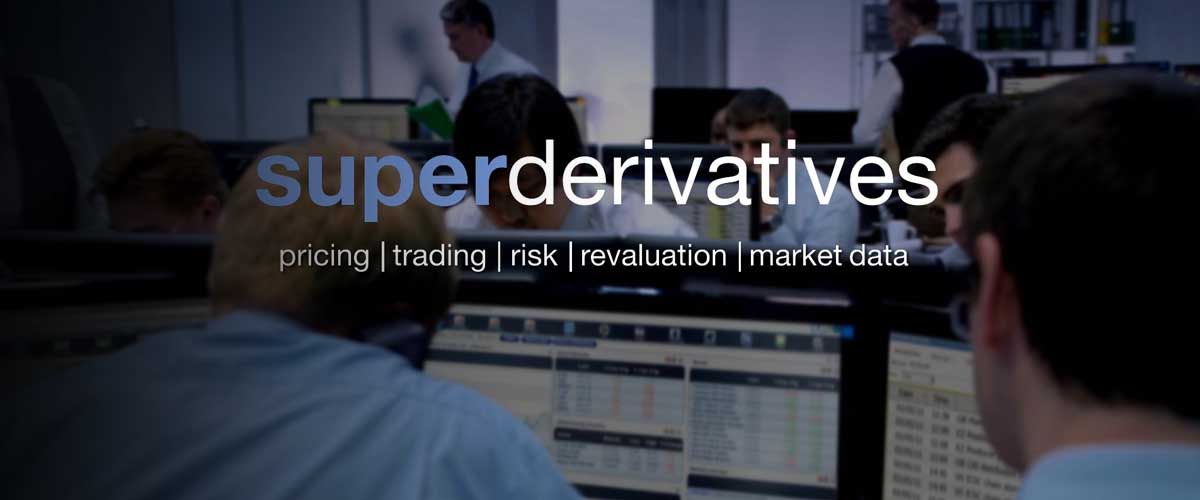 the trading desk of a busy financial firm with the SuperDerivatives logo