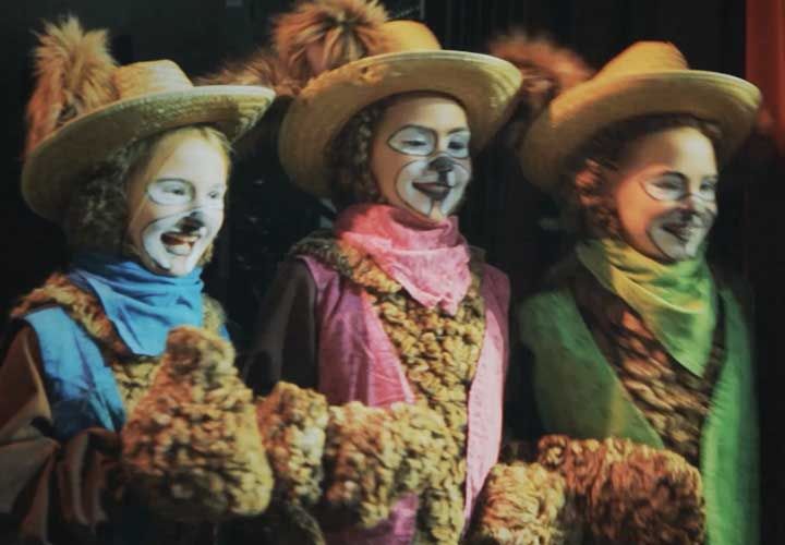 three girls in wolf costumes and cowboy hats walking out to stage