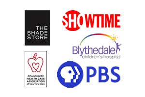 logos of clients such as The Shade Store, Showtime, Blythedale Children's Hospital, Community Health Care Association of New York State and PBS